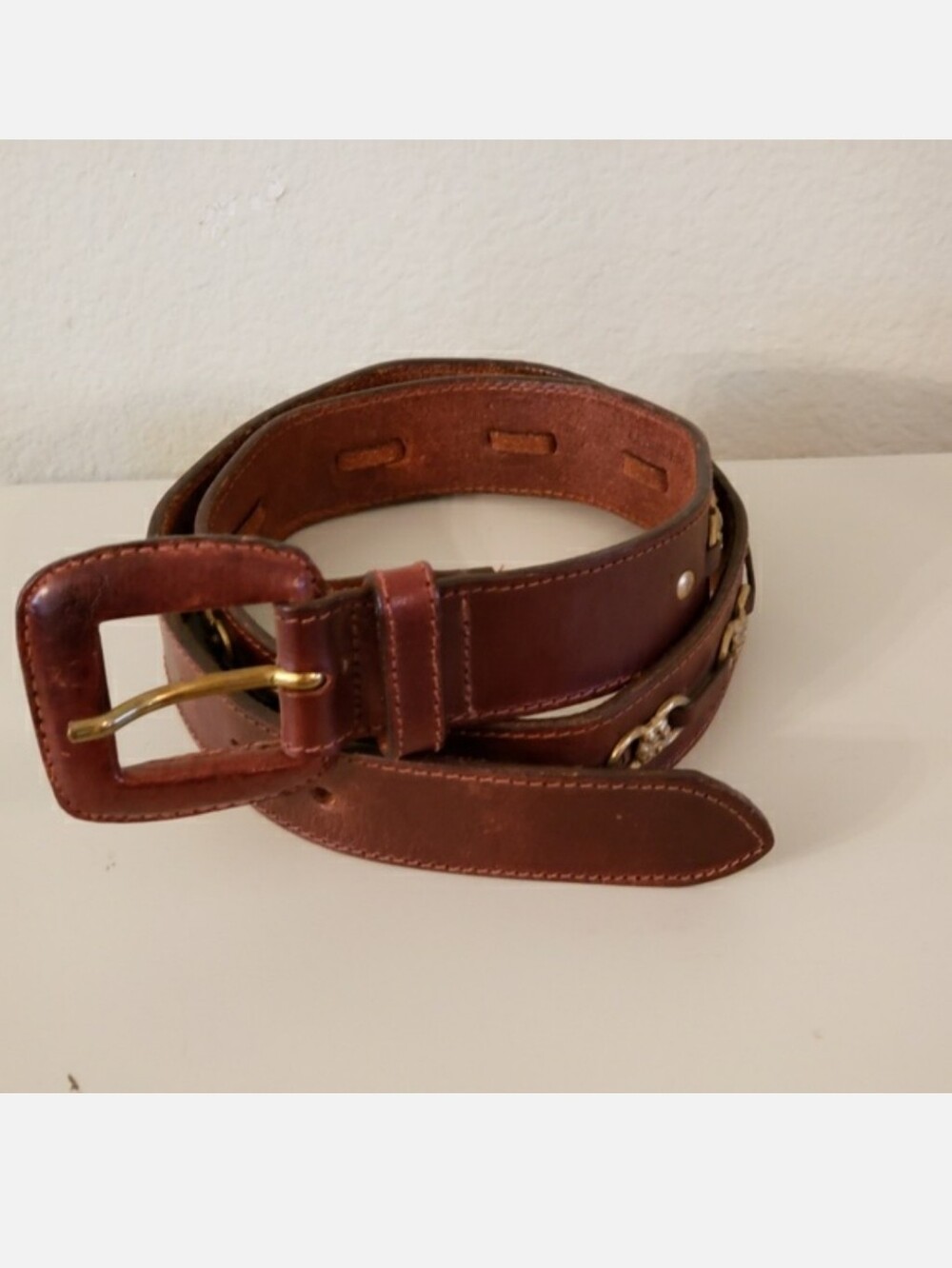 Women's Brown Leather Belt with Chain Accent